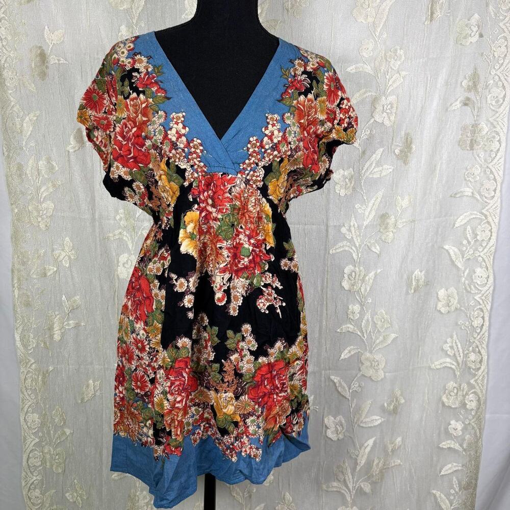 Vintage Angie Floral 100% Rayon V-Neck Babydoll Tunics Top Size Large